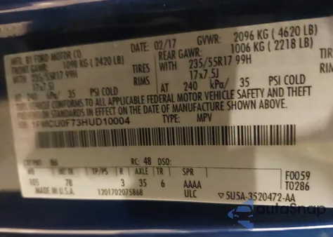 2017 Ford Escape S z USA, uszkodzony, nr VIN 1FMCU0F73HUD10004